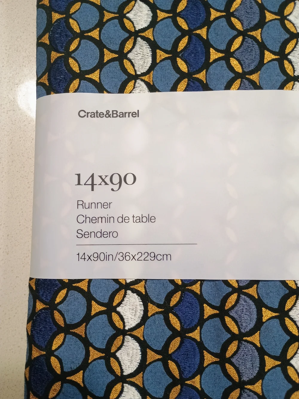 Crate & Barrel 14x90 Table Runner - Blue, Gold & White Geometric